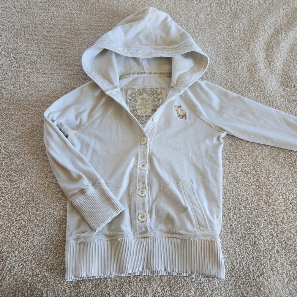 Abercrombie & Fitch Button-Up Hoodie Cream Moose Logo Kid Girls M Y2K Mall Girl
